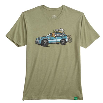 Wild Tribute Outback Tee featuring a Subaru Outback with a dog hanging out the window and snow-capped mountains behind the vehicle. The tee's color is Olive.