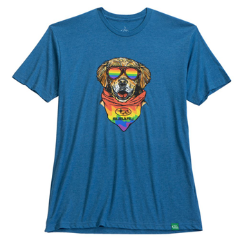 Wild Tribute Summertime Dog Tee featuring Maximus the golden retriever in a multicolored scarf.