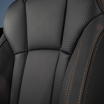 A close up shot of the seats showing the Subaru Wilderness logo embossed into the headrests