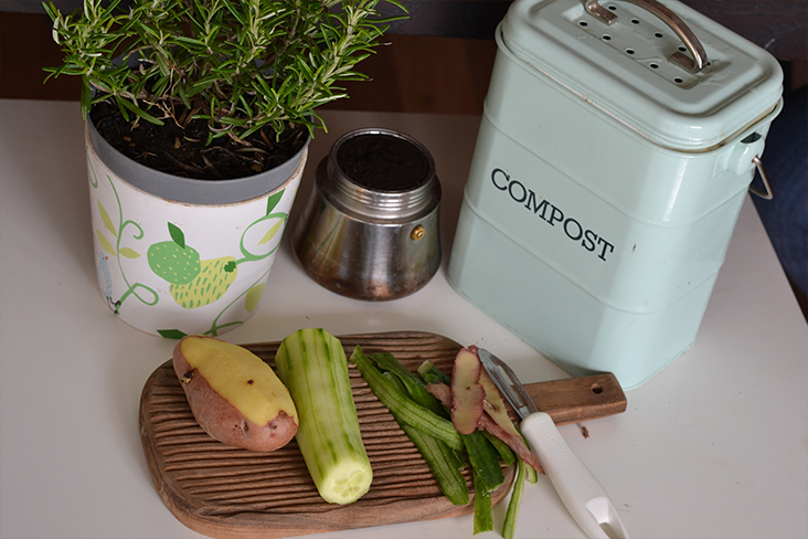 Closeup of several items on a kitchen countertop: a pot with an herb growing inside of it; a small compost bin; a cutting board with a partially peeled potato and cucumber on it with a peeler to the right of the cucumber.
