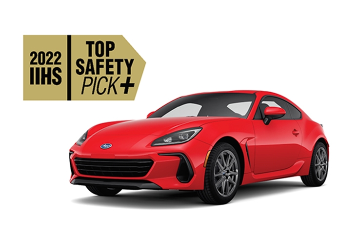 A logo that says, 2022 IIHS Top Safety Pick+. Next to the logo is a red Subaru BRZ.
