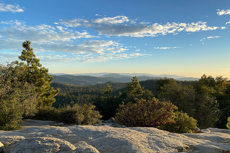 Shot of Idyllwild, California. Low-lying mountains are in the distance and in the foreground are evergreen trees and brush. The sky is a beautiful light blue and is speckled by clouds.