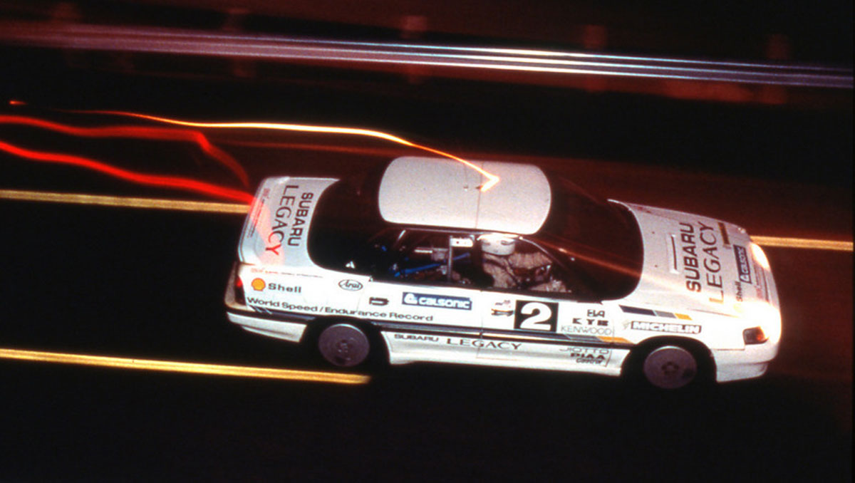 A Subaru Legacy during the attempt for the USAC and FIA records for 100,000 kilometers, or 62,137.12 miles