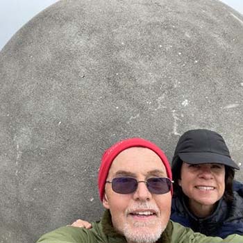 Peter and his wife taking a selfie at “Orbis et Globus,” a 17,600-pound concrete sphere that marks the Arctic Circle.