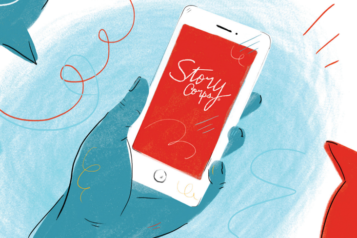 An illustration of a hand holding a smartphone. On the phone, it says StoryCorps in white script on a red background.