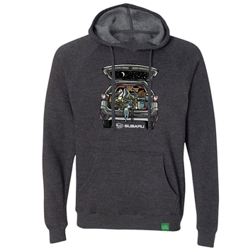 Wild Tribute Hatchback Hoodie in Carbon. The design features a Subaru with the hatchback up and a starry sky reflected in the hatchback window.