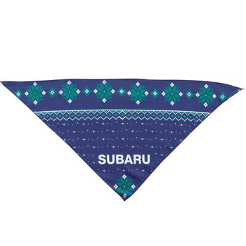 A navy bandana with a green and white fair isle print design. Toward the bottom, it says “SUBARU” in capital letters.