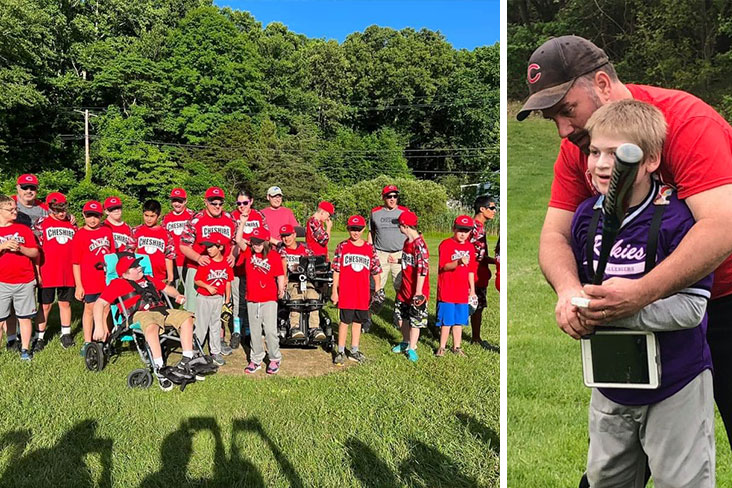 On the left is an image of the Cheshire Challengers Little League Baseball team. All the players are wearing the team’s red jerseys; on the right is a closeup of Derek Hayden helping an adolescent boy to swing a bat.