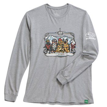 The Wild Tribute Ski Bum Long Sleeve Tee in gray with a Subaru logo on one sleeve and a screen print across the chest with dogs wearing ski gear on a ski lift.