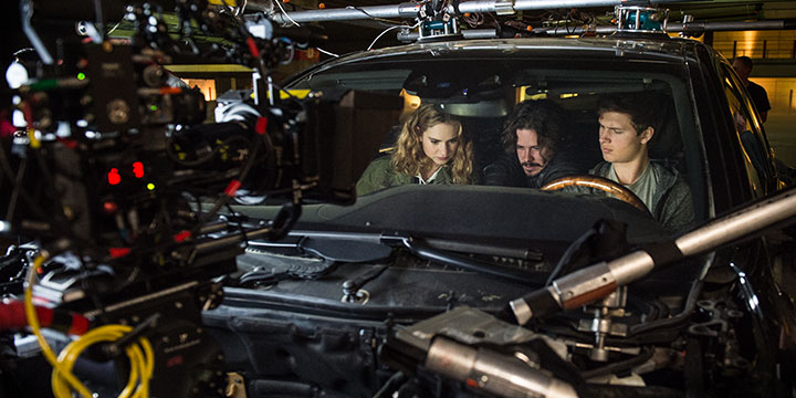 Actor Lily James, director Edgar Wright and actor Ansel Elgort in Baby Driver’s WRX “buck” – a stripped-out vehicle used for stationary shots.