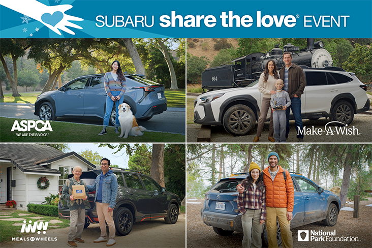 A collage made up of four images. One has an ASPCA logo with a picture of a female who has a dog sitting next to her and a Subaru is on the street behind them; the second has a Make-A-Wish logo and a picture of a family of three with a Subaru behind them and a locomotive train representing a wish; the third has a Meals on Wheels logo with a picture of an elderly male holding a Meals on Wheels donation, a volunteer with his hand on the elderly person's back, a Subaru in the driveway and a house in the background; and the fourth has a National Park Foundation logo with a picture of a young couple hugging in front of a muddy Subaru Wilderness in a forest setting.