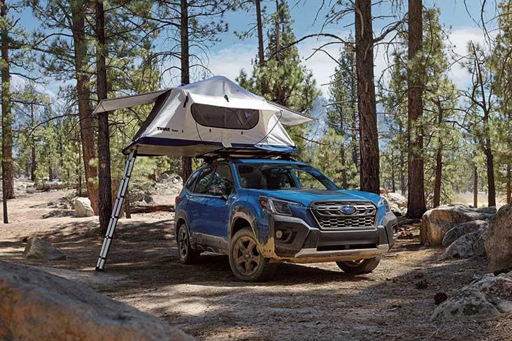 A blue Subaru Forester with an open rooftop tent is parked in a forest.