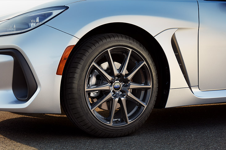 A close-up view of the wheels on a 2022 BRZ Premium in Magnetite Gray.