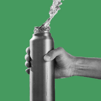 A black-and-white image of a hand holding a reusable water bottle on a green background. A stream of water appears to be splashing out of the top of the bottle.