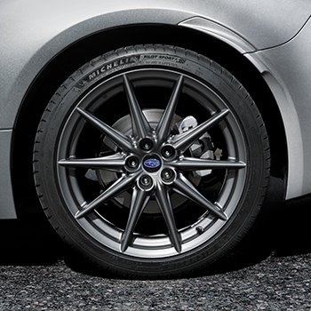 Close-up of a Michelin Pilot Sport 4 summer tire on the 2022 Subaru BRZ