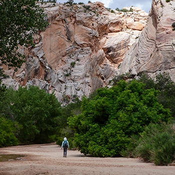 A hiker walks along a pathway between canyons