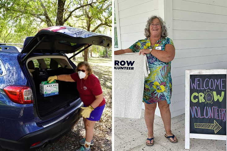 Rasmussen placing a wildlife carrier in the back of her Subaru Ascent Touring; Rasmussen holding up a CROW Volunteer T-shirt. She’s standing next to a chalkboard sign that has a message handwritten in chalk that says Welcome CROW Volunteers.