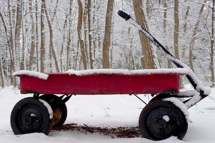 Red wagon covered in snow