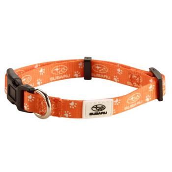 Close-up of the Subaru Eco Pet Collar in orange with a pattern of white paw prints and the Subaru logo with star cluster. A black double-locking buckle with metal D-ring is clearly visible on the front of the collar.