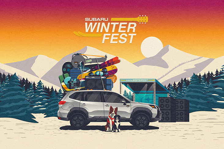 An illustration of a Subaru Forester with snow-sports equipment on the roof and two dogs standing in front of the vehicle. In the background are snowcapped mountains and evergreen trees, and above the landscape is a Subaru WinterFest logo.