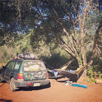 The brother’s hammocks set up again along side of a dirt road