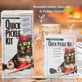 A white box showing a jar of pickled vegetables with “Quick Pickle Kit” in black writing 

