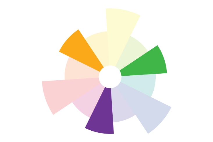 The color wheel highlighting the secondary colors: violet, orange and green.