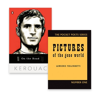 The covers of On the Road and Pictures of the Gone World, the first a black and white portrait of a man and the second blocks of yellow and black formed around the title.