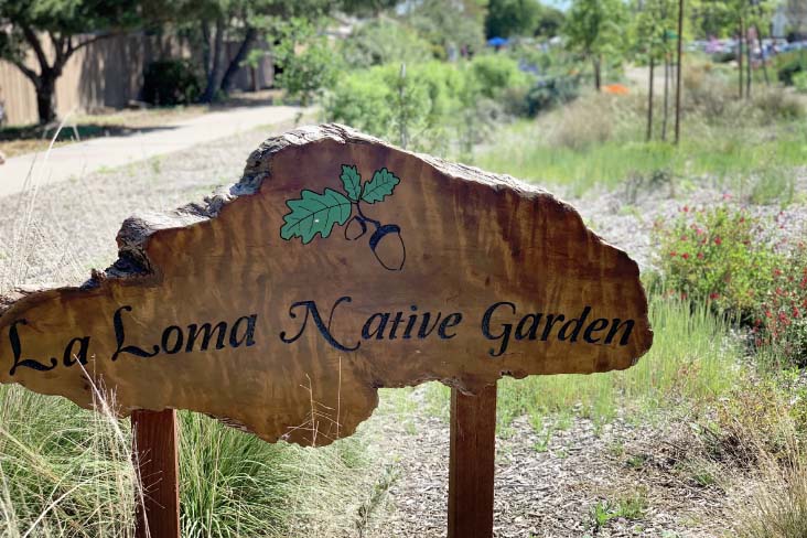 A wooden sign reading “La Loma Native Gardens” stands in the garden in Modesto, California.