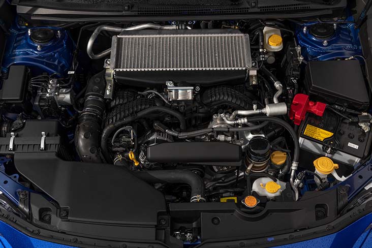 Top view of the SUBARU BOXER engine in a 2022 Subaru WRX
