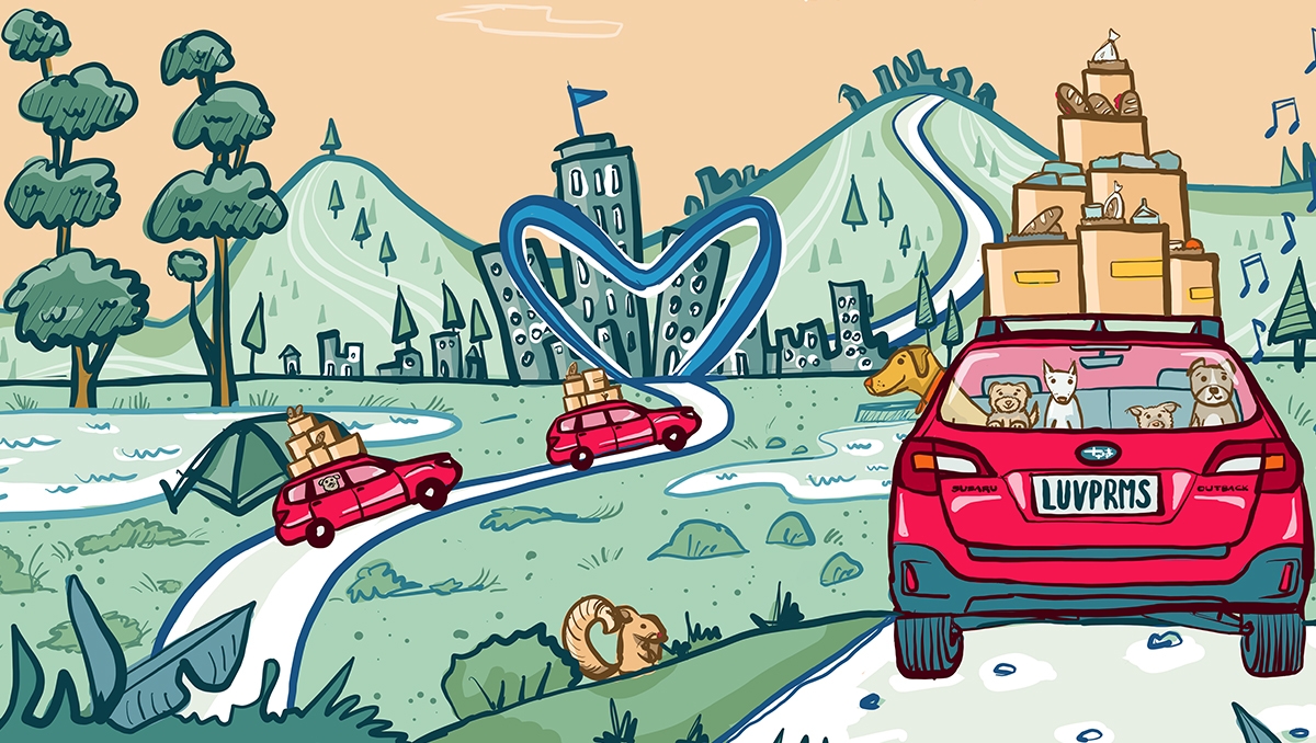 An illustration showing Subaru vehicles loaded with packages to distribute to charities