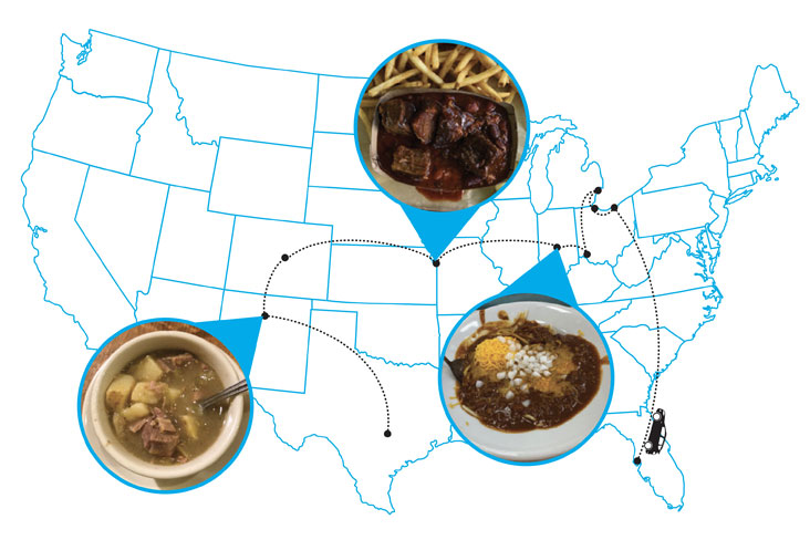 An illustrated map of the U.S. with 3 chili images from the story 