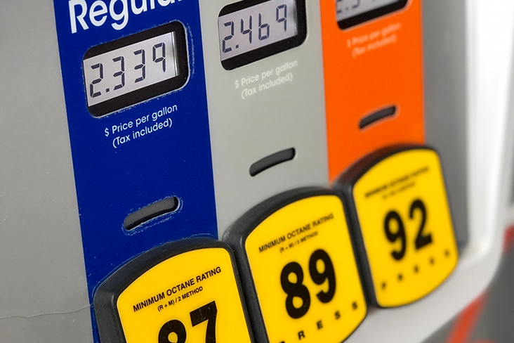 Close up view of fuel options at a gas pump.