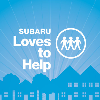 Subaru Loves to Help logo in white lettering on a blue background. An illustration of three people in a circle is shown to the right of the words “Subaru Loves to Help.” Below the circle are several houses and trees.