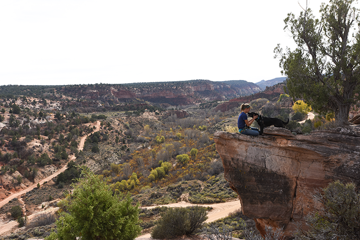 A young woman wearing a ponytail is seen from a distance gently rubbing the ears of a black dog. She is seated on a stone formation and trails and brush can be seen in the distance of the desert setting.