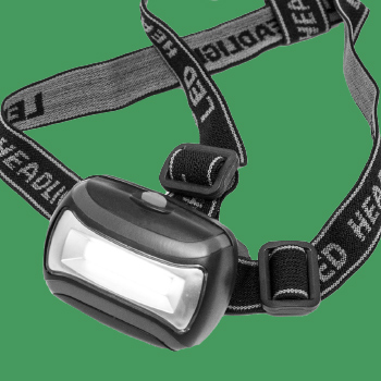 A black-and-white image of a headlamp on a green background