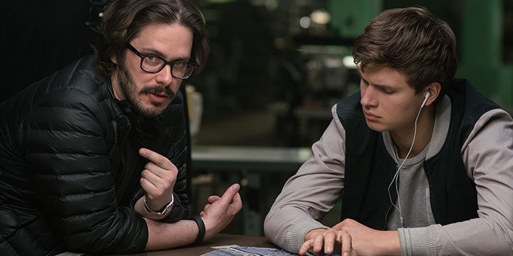 Baby Driver director Edgar Wright and star Ansel Elgort on set.