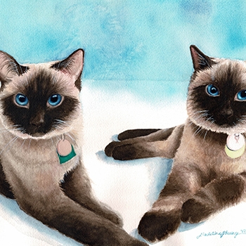 A commissioned painting featuring two Siamese cats painted with watercolors. 