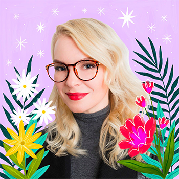 A headshot of Ashlee Piper with illustrated, colorful flowers surrounding her image on a purple background.