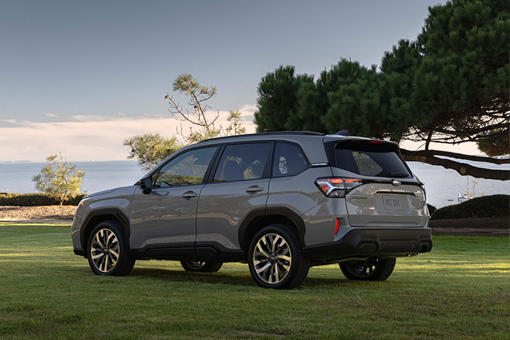 Rear three-quarter view of a 2025 Subaru Forester parked on grass with a large tree in the background.
