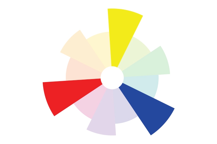 The color wheel highlighting the primary colors: red, yellow and blue.