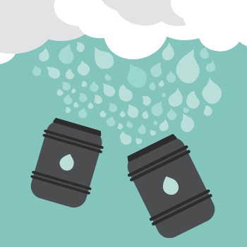 A whimsical illustration of black rain barrels catching fat raindrops from clouds over a teal sky background.