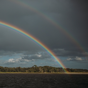 A distance shot of the lowcountry shoreline with a brilliant double rainbow arcing over it.