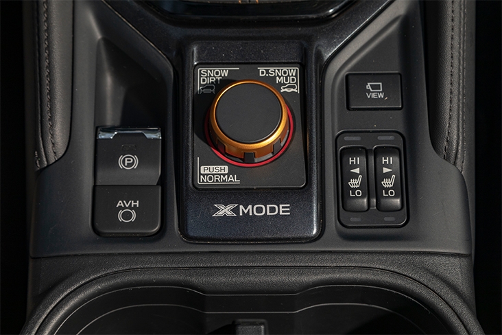 Close-up of the X-MODE dial featuring snow/dirt and snow/mud, plus other functions.