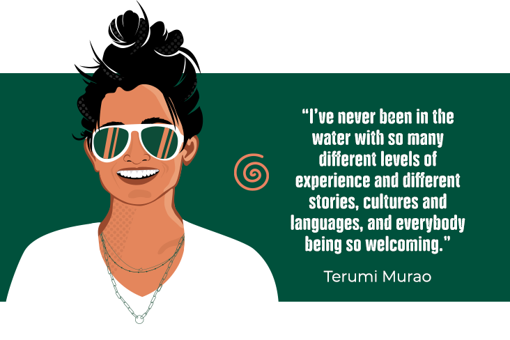 A portrait illustration of Terumi Murao, with her quote: “I’ve never been in the water with so many different levels of experience and different stories, cultures and languages, and everybody being so welcoming.””