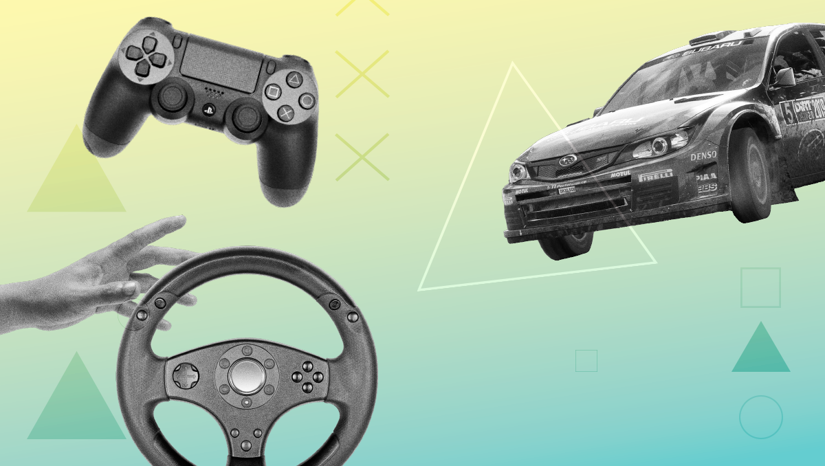 A collage featuring a video game controller a video game steering wheel and a Subaru WRX