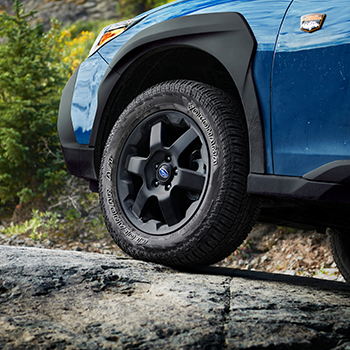 Close-up of a Subaru Outback Wilderness 17-inch Yokohama Geolandar all-terrain tire