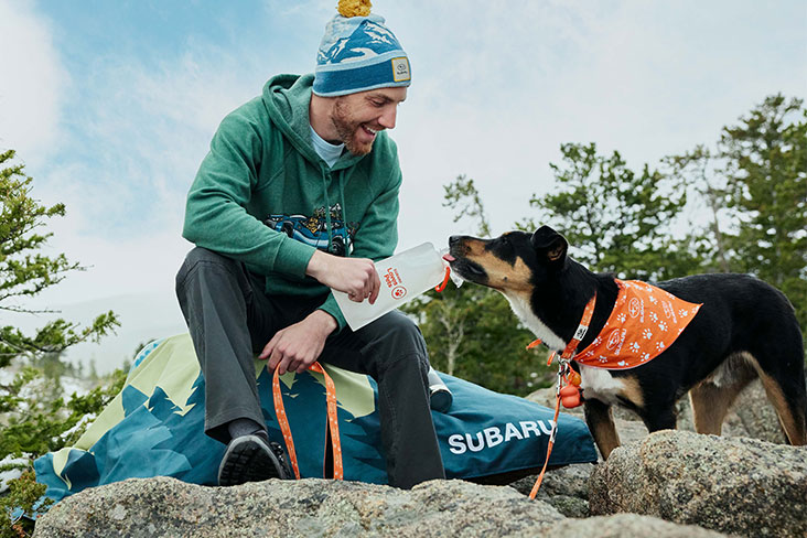 A man sits on the Nomadix Festival Blanket while giving his dog a water break.