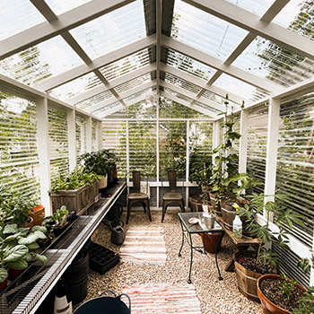 An interior shot of a greenhouse designed by Karl Kloos. The ground is covered with pebbles and two small rugs, and there are two metal chairs at the far end of the structure. Plants line the walls on both sides of the greenhouse in various styles of pots.
