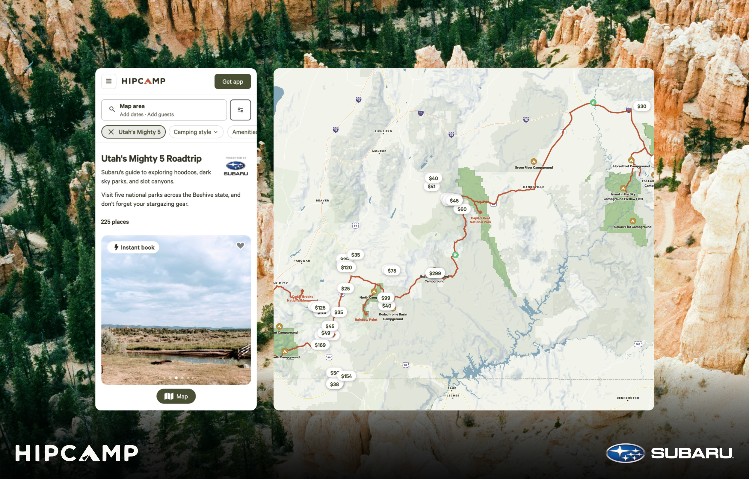 A collage showing the Hipcamp app screen on the left, which says Utah's Mighty 5 Roadtrip, and a map of the route on the right. Hipcamp and Subaru logos are displayed on the bottom, and the backdrop is a wilderness scene of evergreen trees and canyons.